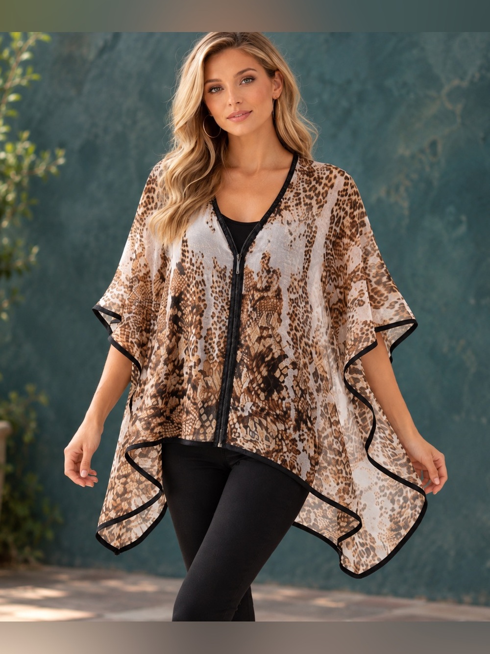 Alberto Makali Sheer Animal Print Zip-Front Poncho Top – Size S (NWT)